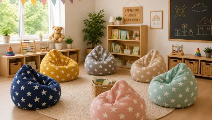 Coin enfants avec des poufs colorés à motifs étoiles