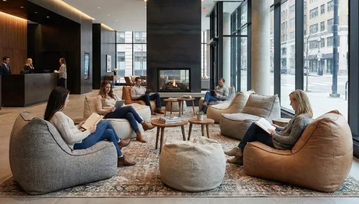 Hall de réception d'hôtel équipé de poufs KOA